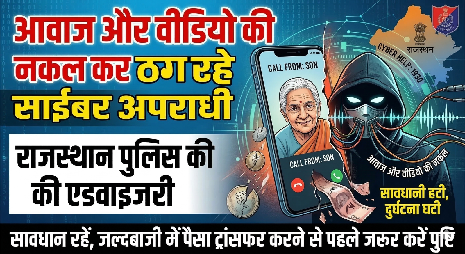 आवाज और वीडियो की नकल कर ठग रहे साइबर अपराधी —राजस्थान पुलिस की एडवाइजरी- सावधान रहें, जल्दबाजी में पैसा ट्रांसफर करने से पहले जरूर करें पुष्टि